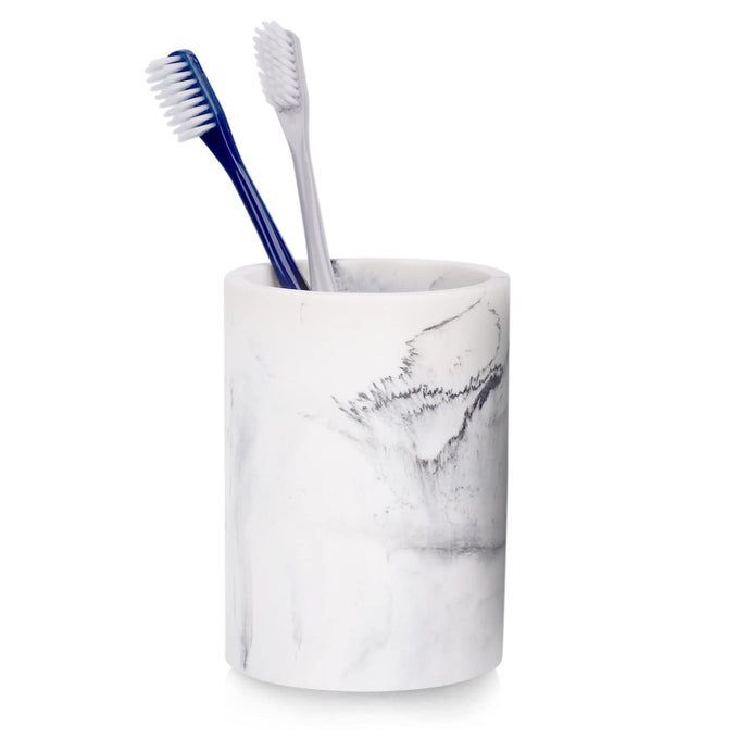 TOOTHBRUSH HOLDER FOR BATHROOM MARBLE LOOK ELECTRIC TOOTHBRUSH AND TOOTHPASTE ORGANIZER MAKEUP BRUSHES RAZOR STAND WHITE MARBLE DESIGN CUP FOR COUNTERTOP STORAGE AND BATHROOM ACCESSORIES