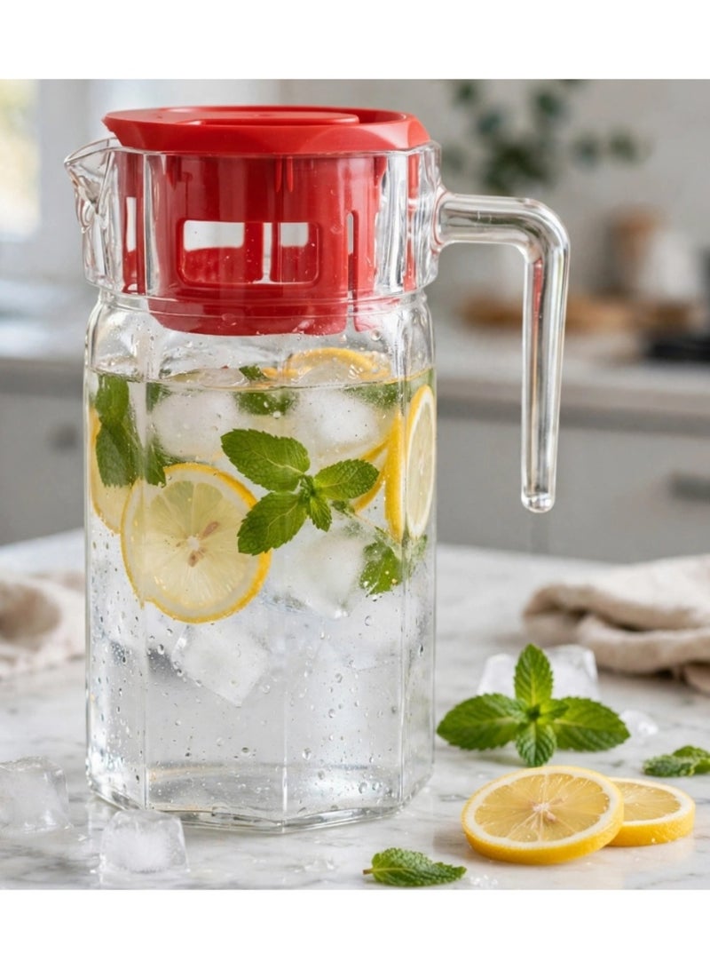 Transparent Glass Water and Juice Pitcher 1.6 Liter with Airtight Red Lid and Comfortable Handle - Water Jug for Cold Drinks, Kitchen, Dining Table and Fridge - Image 2