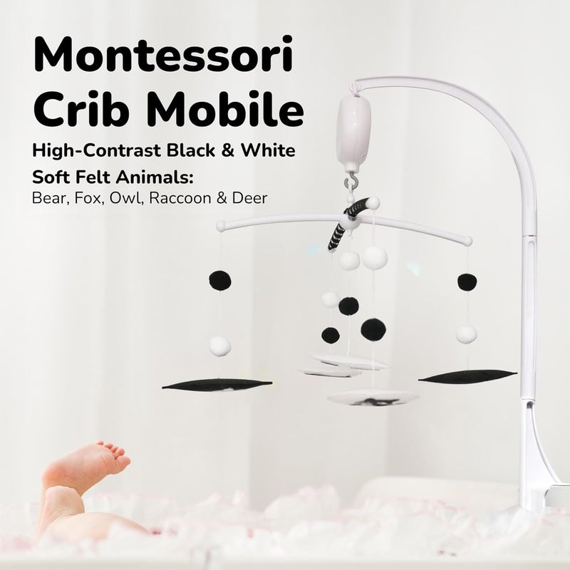 Vlokup Montessori Mobile, Black and White Mobile for Baby with Music Box - Woodland Baby Crib Mobile for Boys Girls, High Contrast Baby Mobile for Crib with Bear, Deer, Fox, Owl & Raccoon - Image 2