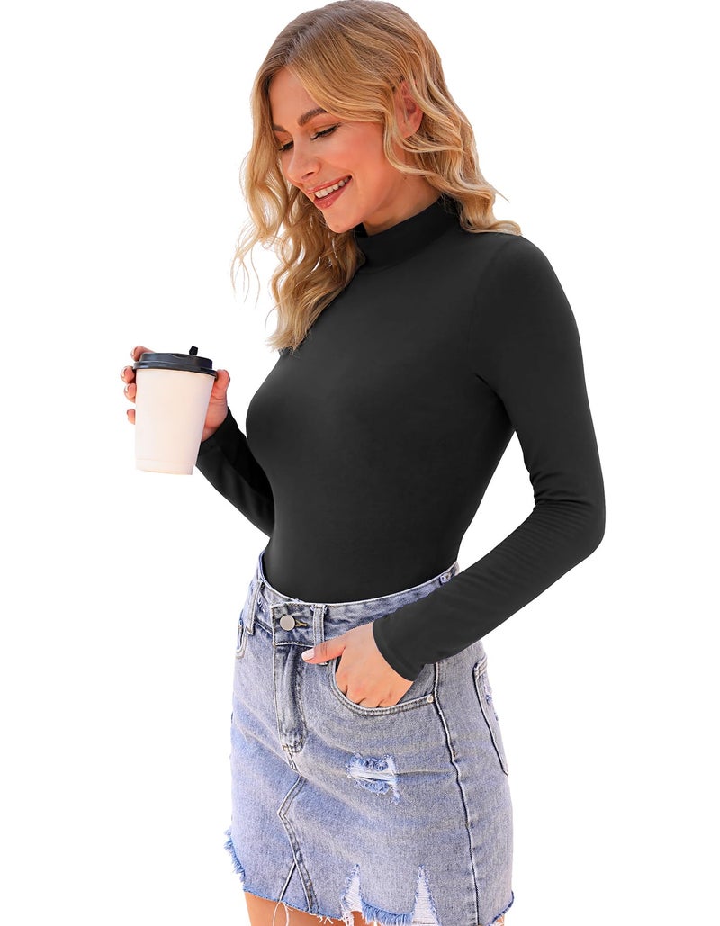 LAOLASI Women's Turtle Mock Neck Long Sleeve Slim Fit Basic Bodysuit Daily Shirts, 01-BK, S - Image 2