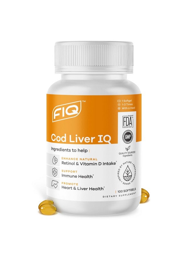 Generic FIQ - Cod Liver IQ - Cod Liver Oil Softgels - Natural Source of Vitamins A & D and Omega-3 Fatty Acids - Heart, Liver & Immune Health - 100 Softgels  - Image 1