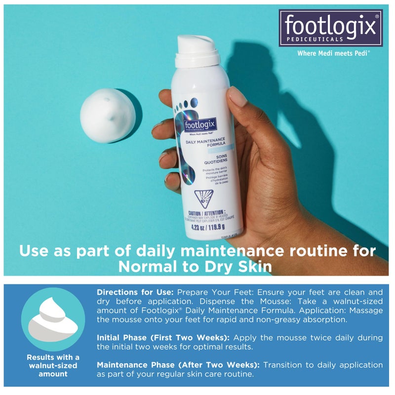 FOOTLOGIX تركيبة الصيانة اليومية - مرطب للقدمين، موس للقدمين لصيانة البشرة العادية إلى الجافة، موس للقدمين للجلد الخشن والقدمين الجافتين، 4.23 أونصة - Image 5