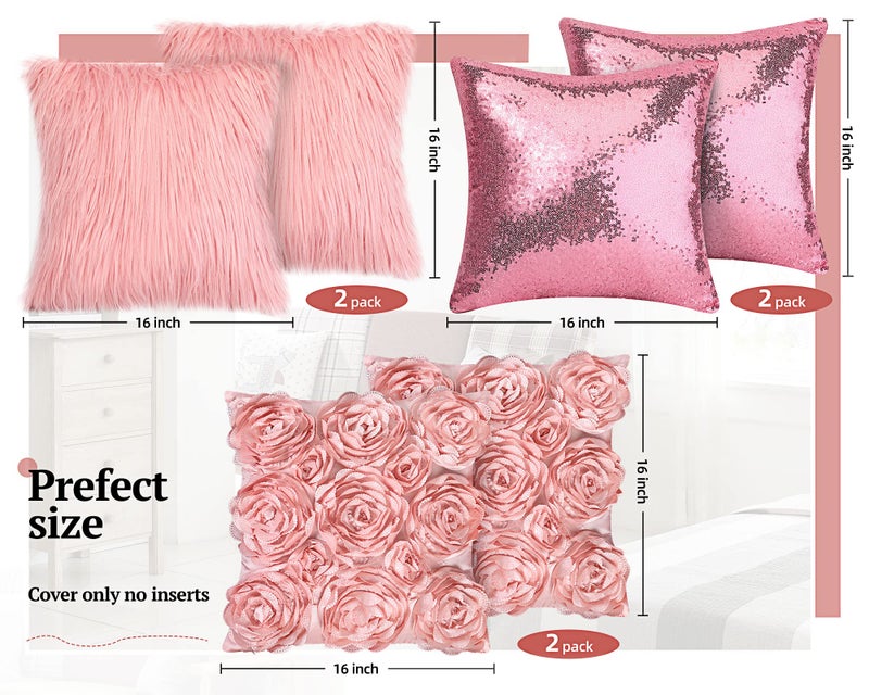 Oudain 6 Pcs Decorative 3D Rose Flower Pillow Cover, 16 x 16 Inch Faux Fur Throw Pillow Covers for Bed Square Sofa Bedroom Car(Pink Colors) - Image 3