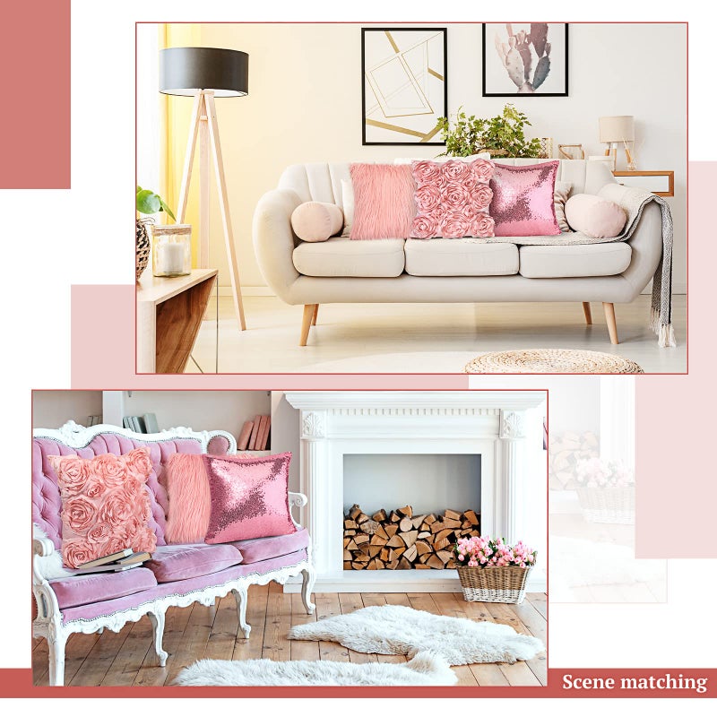 Oudain 6 Pcs Decorative 3D Rose Flower Pillow Cover, 16 x 16 Inch Faux Fur Throw Pillow Covers for Bed Square Sofa Bedroom Car(Pink Colors) - Image 4