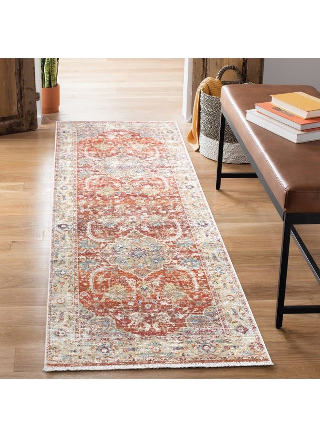 Bloom Rugs Caria Washable Non-Slip 7 ft Runner - Orange/Olive Beige Traditional Runner for Entryway, Hallway, Bathroom, and Kitchen - Exact Size: 2'6" x 7' - Image 1