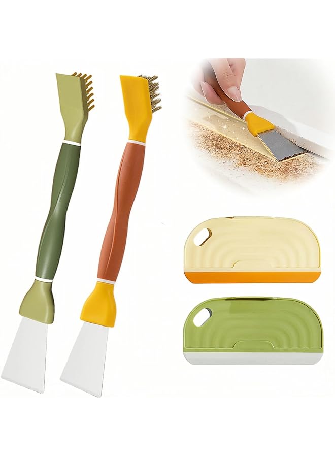 PROMASS Kitchen Cleaning Brush Set, 4 PCS Stove Cleaning Brush with Small Squeegees, Dual-Head Gas Stove Copper Wire Brush, Stiff Bristles Rust Remover Sink Nylon Brush for Window, Garage, Green, Yellow - Image 1