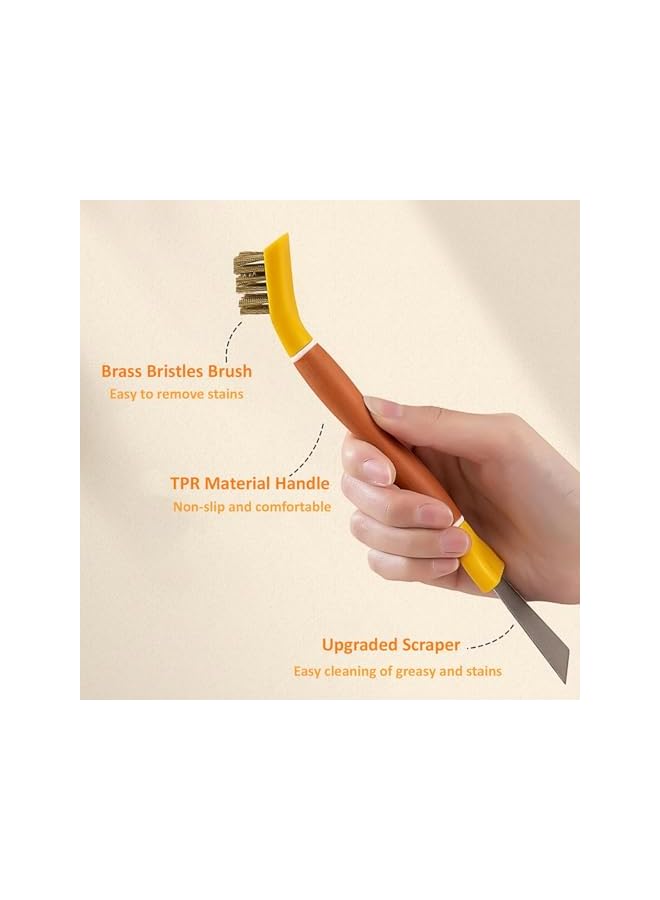 PROMASS Kitchen Cleaning Brush Set, 4 PCS Stove Cleaning Brush with Small Squeegees, Dual-Head Gas Stove Copper Wire Brush, Stiff Bristles Rust Remover Sink Nylon Brush for Window, Garage, Green, Yellow - Image 4