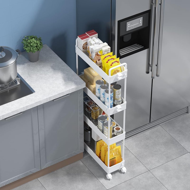 TMOHRA 4 Tier Slim Rolling Storage Cart Organizer Mobile Shelving Unit Utility Cart Tower Rack Multi-Functional Storage Trolley with Wheels for Kitchen Bathroom Laundry Narrow Places (White) - Image 4