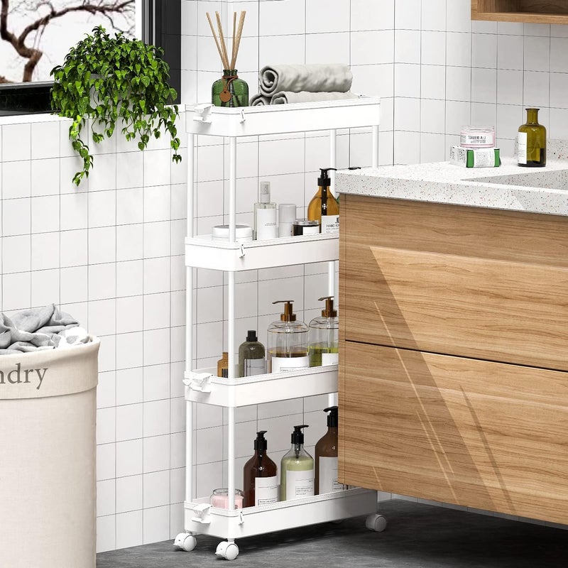 TMOHRA 4 Tier Slim Rolling Storage Cart Organizer Mobile Shelving Unit Utility Cart Tower Rack Multi-Functional Storage Trolley with Wheels for Kitchen Bathroom Laundry Narrow Places (White) - Image 5