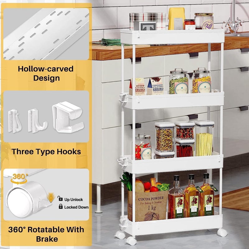 TMOHRA 4 Tier Slim Rolling Storage Cart Organizer Mobile Shelving Unit Utility Cart Tower Rack Multi-Functional Storage Trolley with Wheels for Kitchen Bathroom Laundry Narrow Places (White) - Image 1