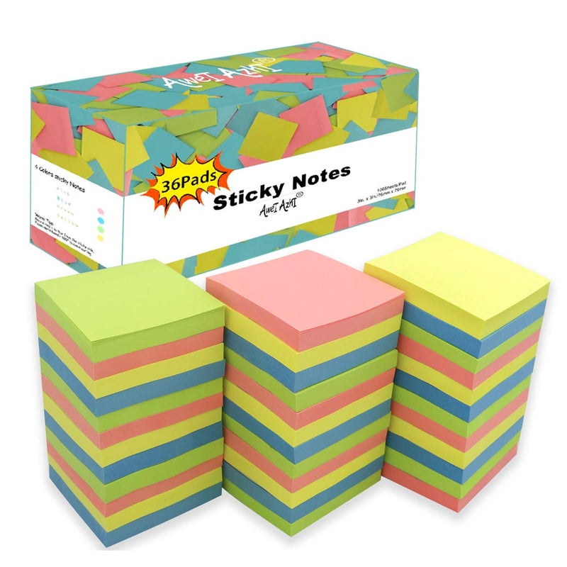 AWEI AZHI Sticky Notes 3x3, Self-Stick Notes, 36 Pads, 100 Sheets/Pad, Assorted Colors Stickies, Easy to Post Notes for Study, Works, Daily Life (36) - Image 1