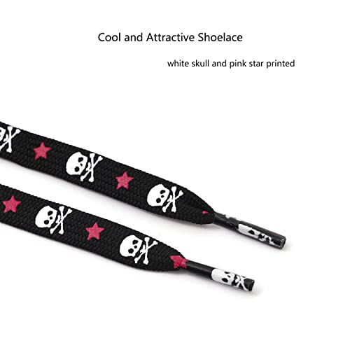 Yichain 48'' Flat Fun Printed Shoe Laces Shoelace for Adults Sneakers，Boots，One Pair Pack (Black with White Skull Pink Star) - Image 2