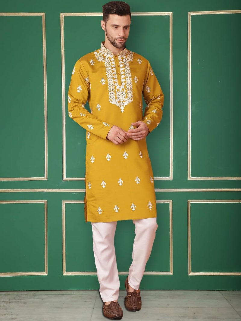 Jompers Men's Mustard Chikankari Embroidered Kurta Only (Mustard, S) - Image 4