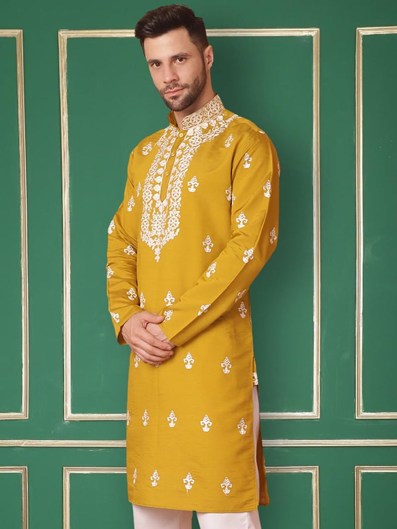 Jompers Men's Mustard Chikankari Embroidered Kurta Only (Mustard, S) - Image 3