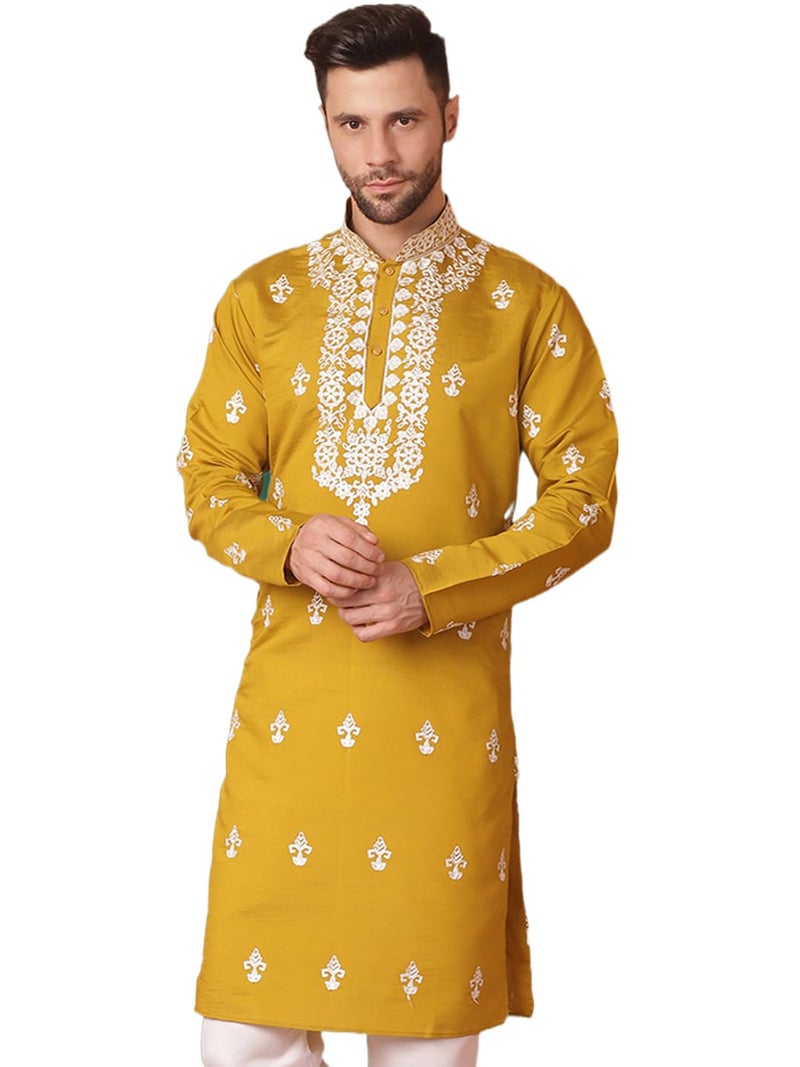 Jompers Men's Mustard Chikankari Embroidered Kurta Only (Mustard, S) - Image 1