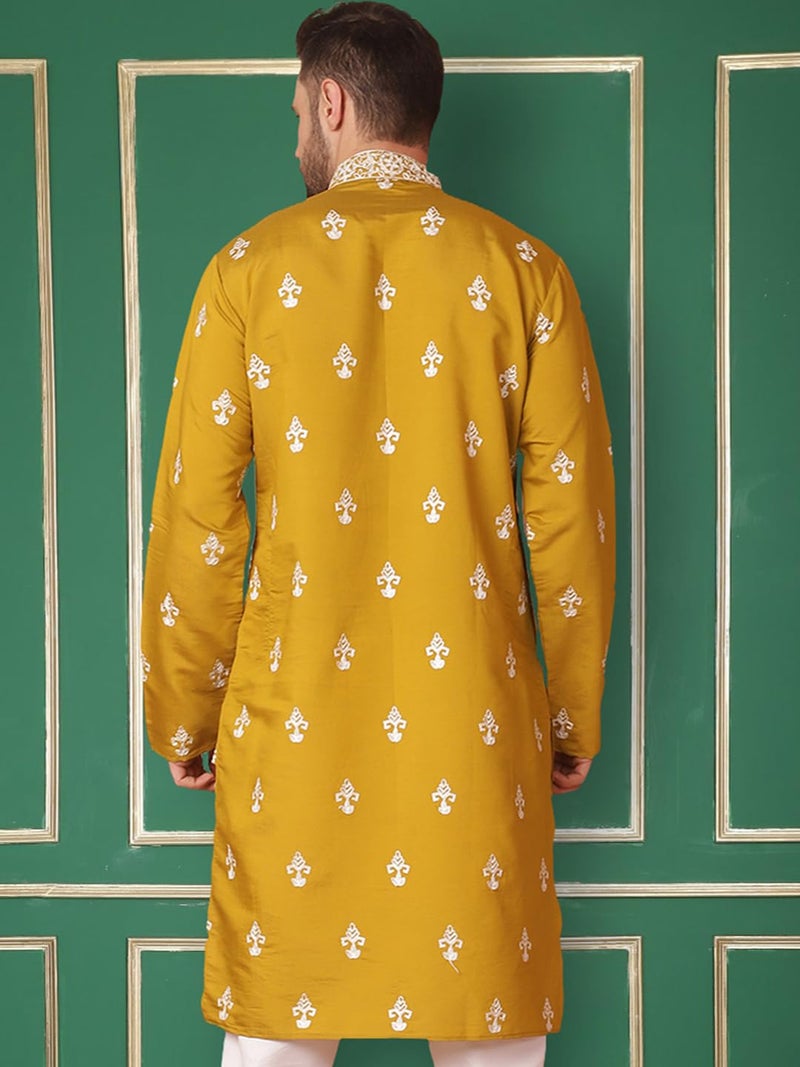 Jompers Men's Mustard Chikankari Embroidered Kurta Only (Mustard, S) - Image 2