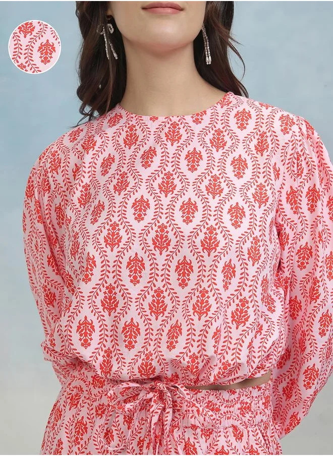 Tokyo Talkies Printed Round Neck Crop Top and High Rise Trouser Co-Ords by Styli