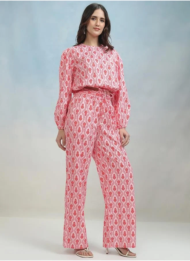 Tokyo Talkies Printed Round Neck Crop Top and High Rise Trouser Co-Ords by Styli