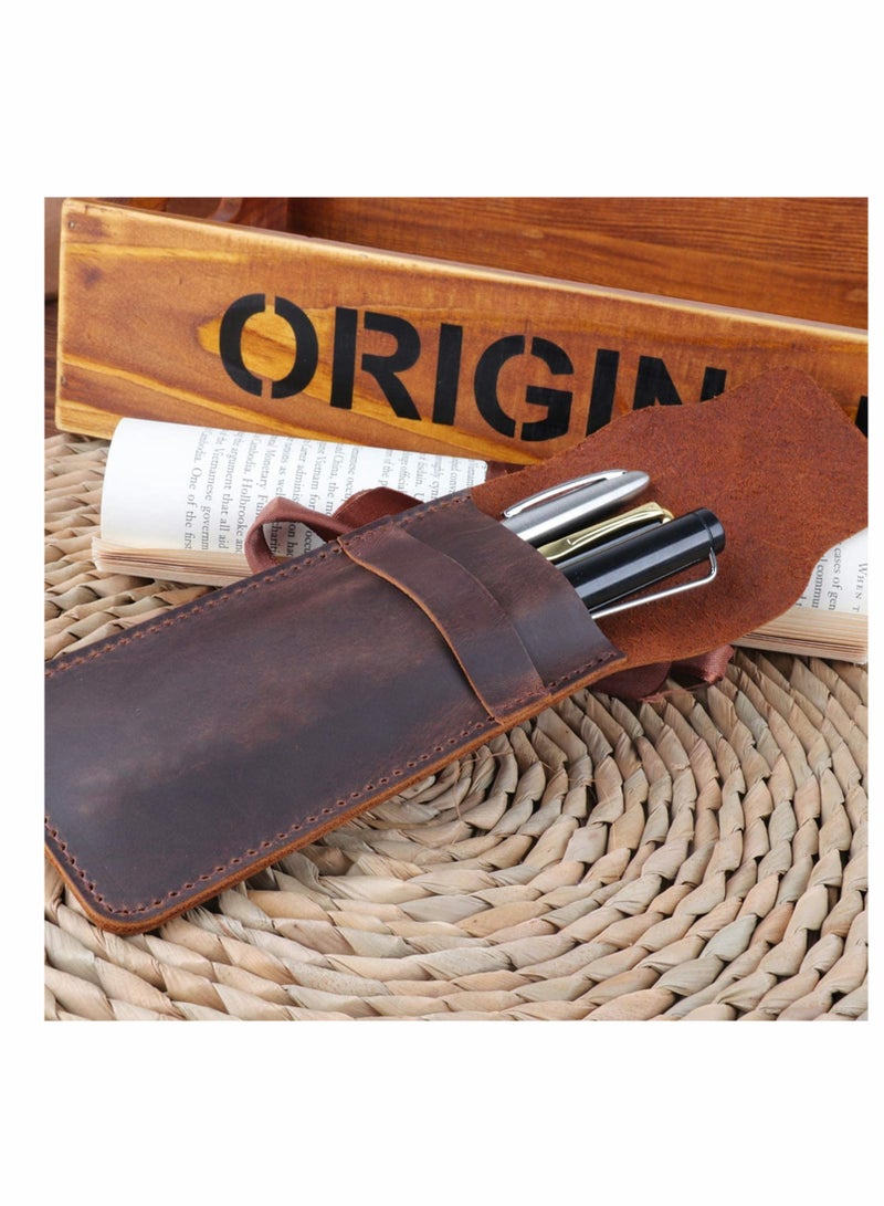 KASTWAVE Genuine Leather Pen Case Holder Handmade Fountain Multi Pens Pouch Crazy Horse Leather Pen Protective Sleeve Cover 2 Pack – Brown (Pen Not Include)  - Image 3
