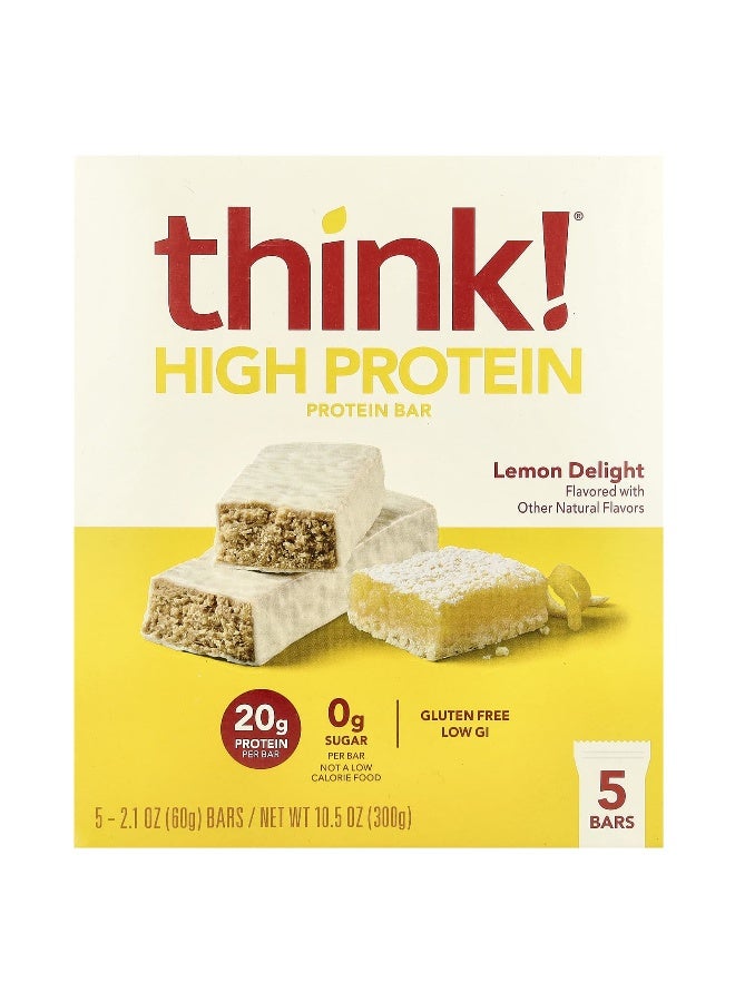 Think !, High Protein Bars, Lemon Delight, 5 Bars, 2.1 oz (60 g) Each (Packaging may vary)
