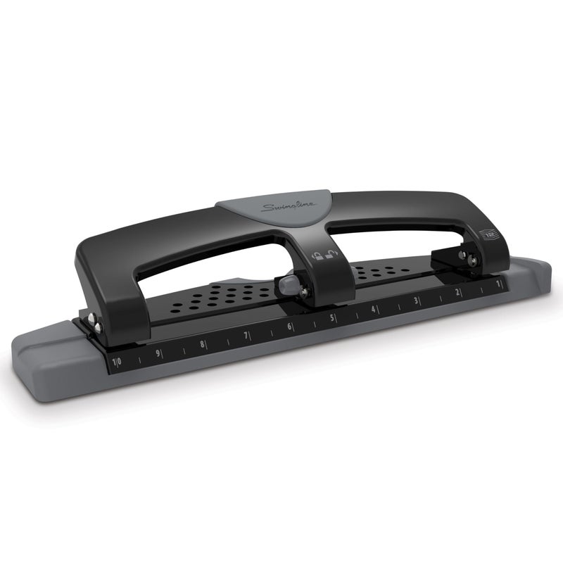 Swingline 3 Hole Punch, 12 Sheet Capacity Three Hole Puncher 3 Ring, Paper Punch, SmartTouch Low Effort, Alignment Guide, Black & Silver (74134) - Image 1