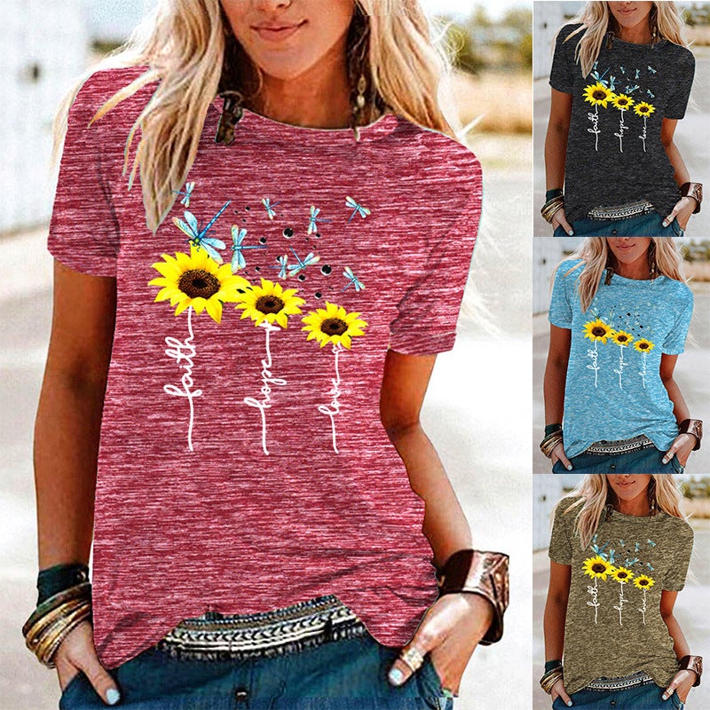 Wish Dragonfly Sunflower Pattern Print Contrast Color Short Sleeve T-Shirt For Women - Image 2