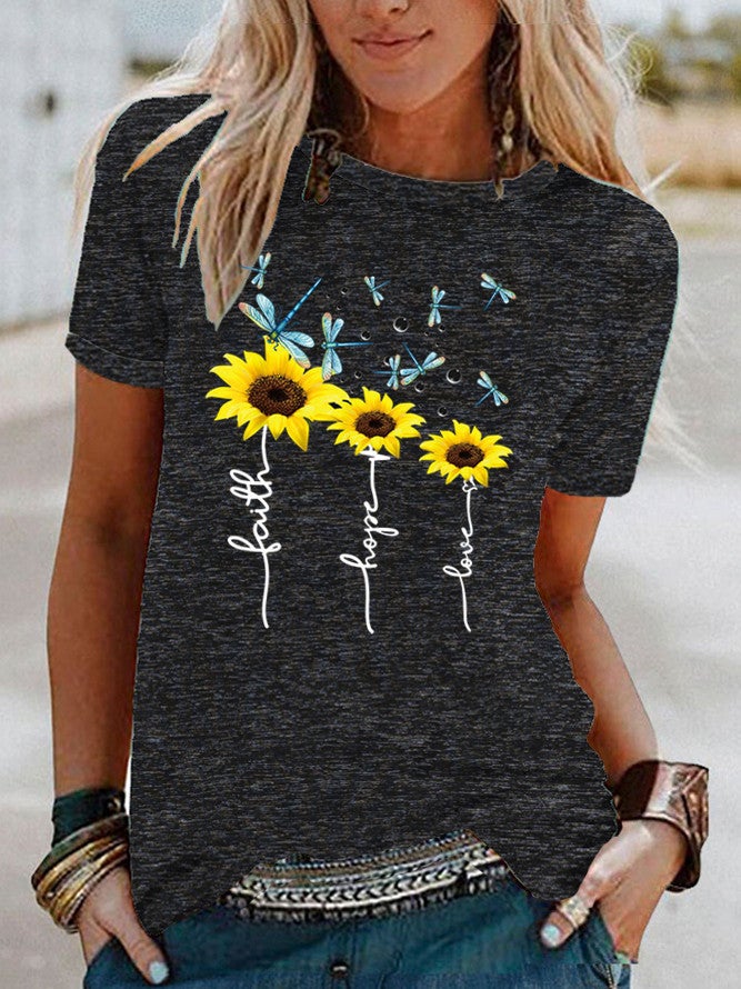 Wish Dragonfly Sunflower Pattern Print Contrast Color Short Sleeve T-Shirt For Women - Image 1