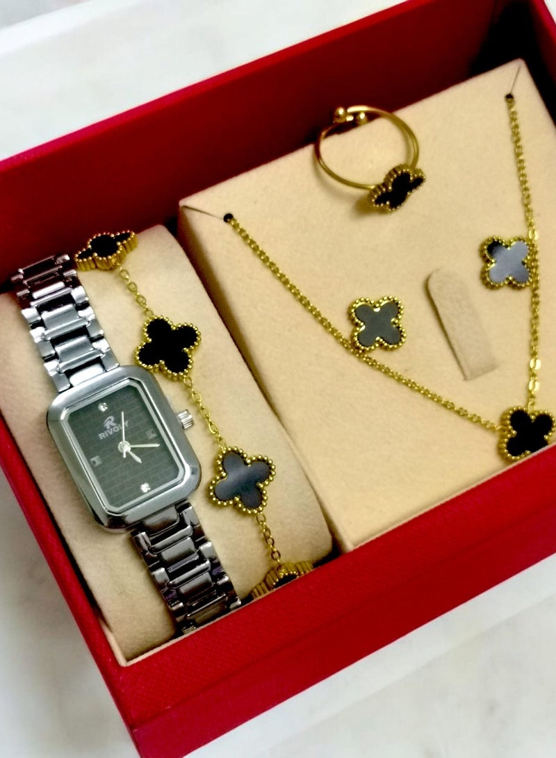 Rivoly Elegant women's stainless-steel set consisting of a waterproof watch with a set of bracelets, rings, necklaces, and earrings - Image 1