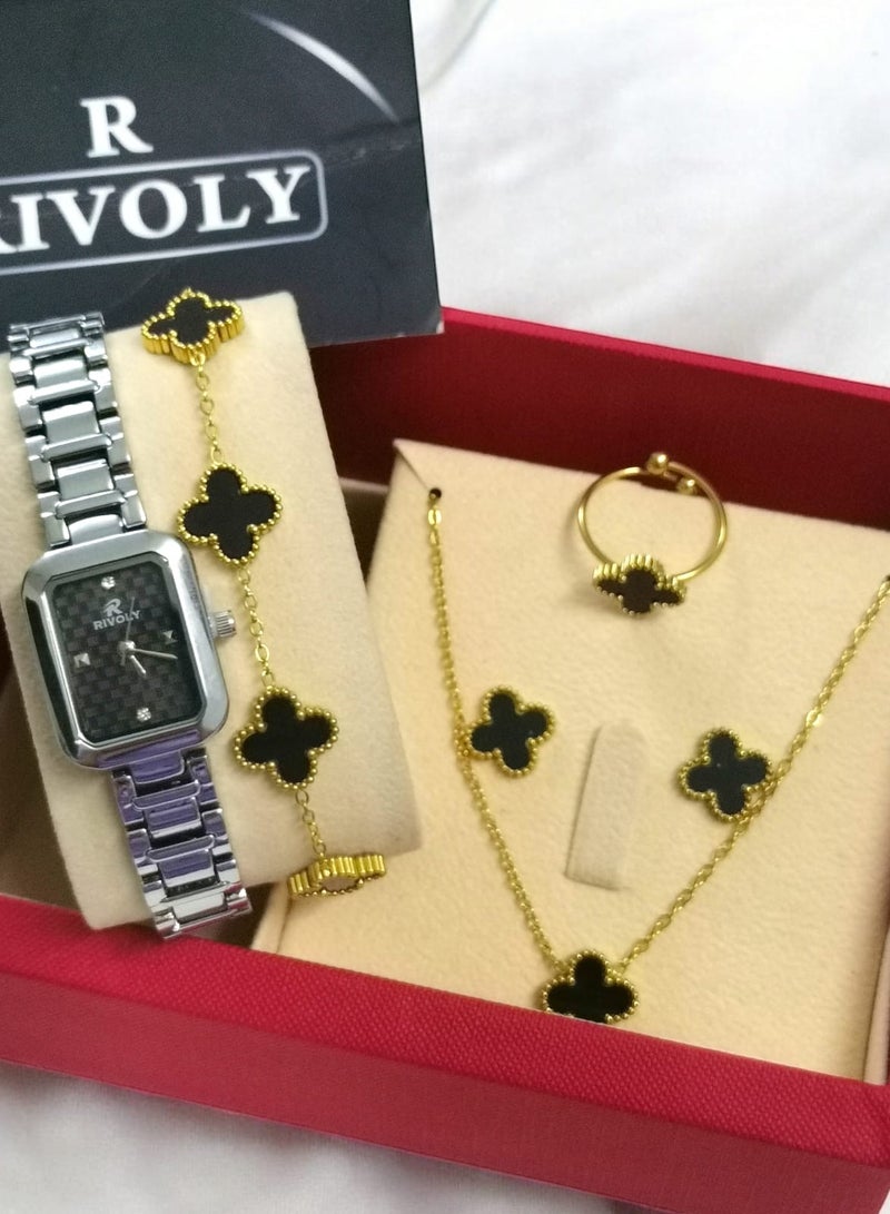 Rivoly Elegant women's stainless-steel set consisting of a waterproof watch with a set of bracelets, rings, necklaces, and earrings - Image 2