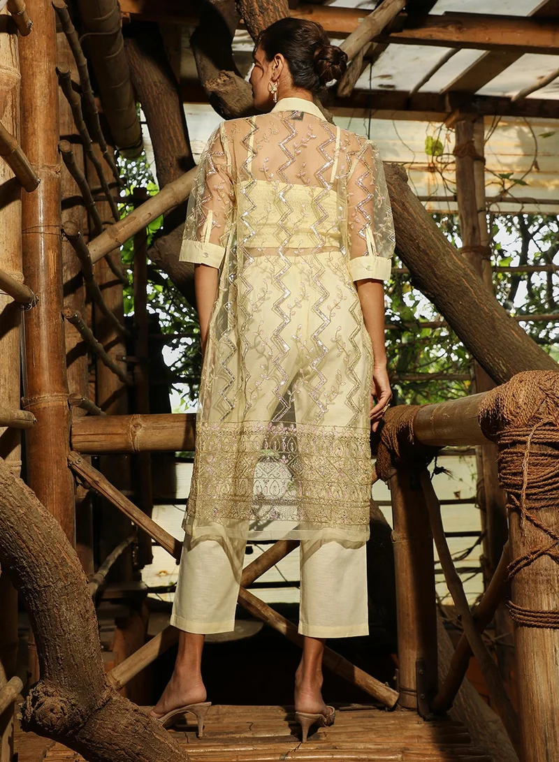 QISSA Women's Saltbox Beige Sheer Bijou Co-Ord Set For Casual Wear | Spread Collar | Quarter Sleeve | 3 Piece Co-Ords Designed With Comfort Fit For Everyday Ethnic Wear