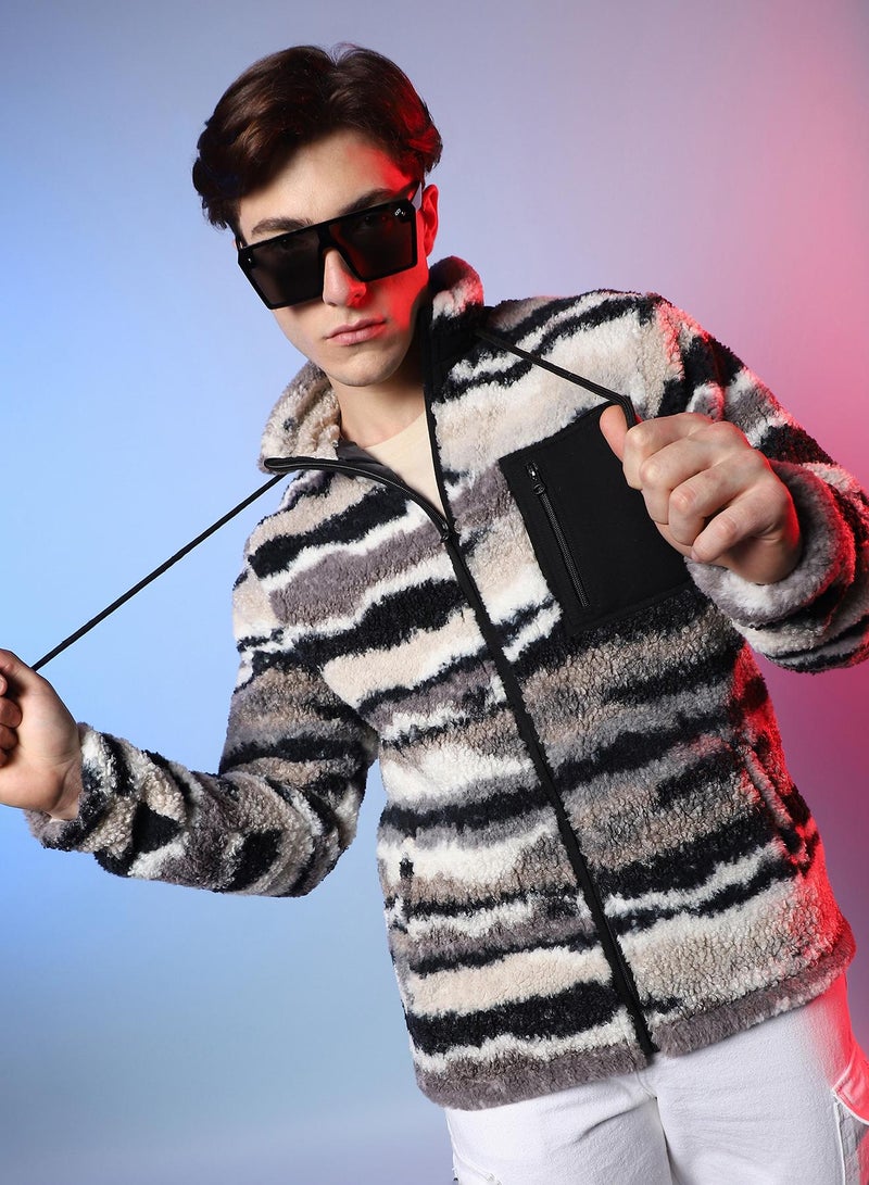 Campus Sutra Men's Midnight Black & Ivory White Camouflage Sherpa Puffer Jacket  - Image 1