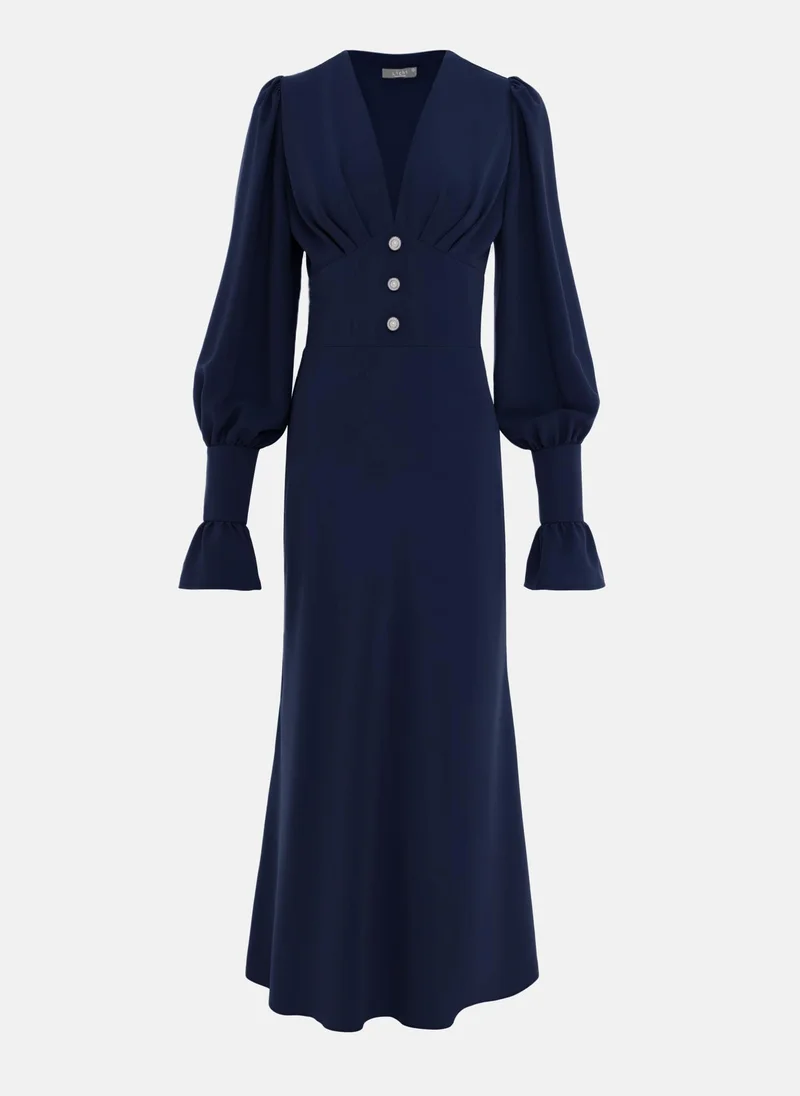 Lichi Midi dress with pleated bodice and voluminous cuffs