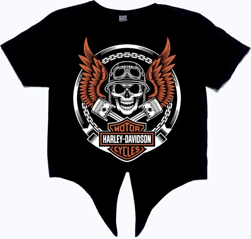 Rock&Roll Biker Skull Black Crop Top Tied Women's T-Shirt