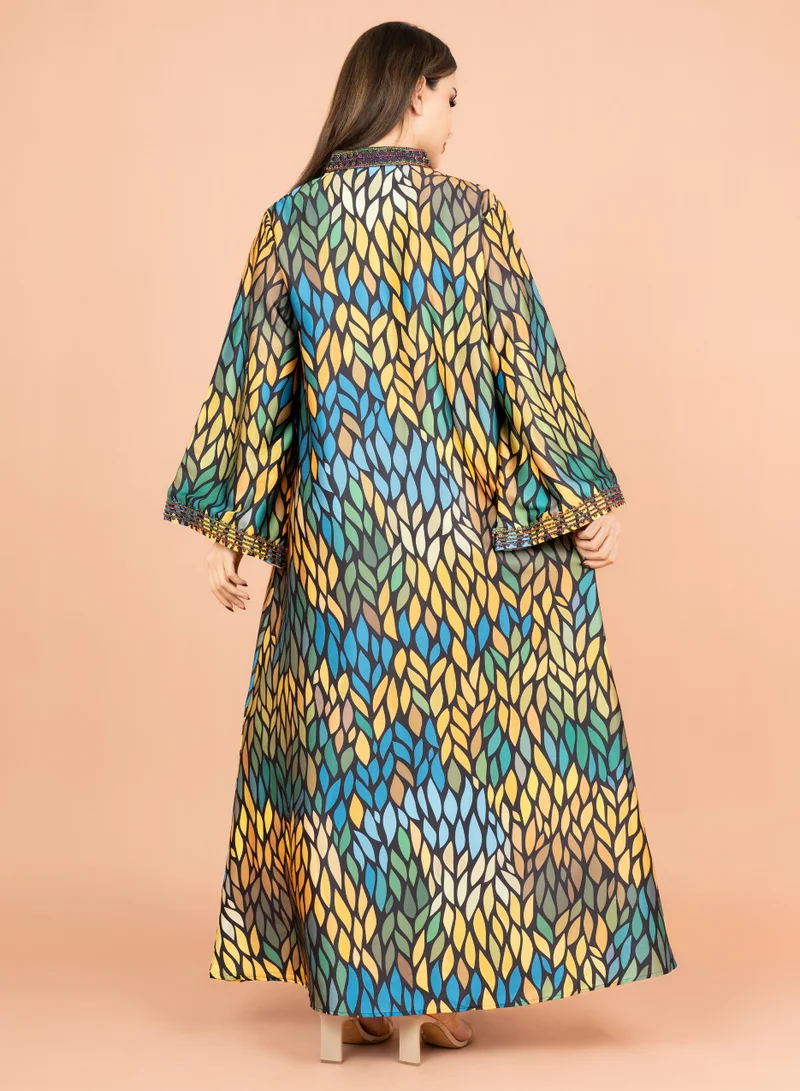 IKKXA Mandarin Collar Embroidered Jalabiya IK1013 Black