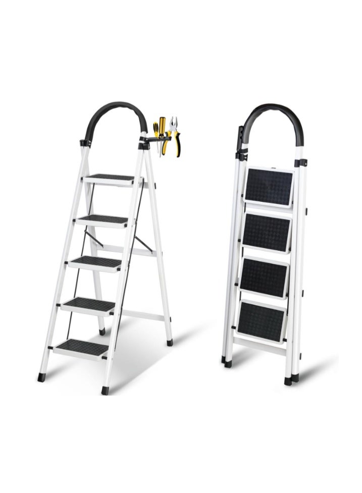 SKY-TOUCH Foldable Ladder 5 Steps, Home Ladder Folding Step Stool with Wide Anti-Slip Pedal, Adults Folding Sturdy Steel Ladder for Home,Kitchen, Garden, Office - Image 1