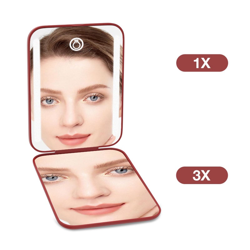 Kintion Kintion Rechargeable Pocket Mirror  Double Sided 1X/3X Magnification Compact Vanity Mirror  3 Color Lights  Dimmable  Small Portable Wallet Mirror  Lighted Travel Mirror for Women Gifts  Wine Red  - Image 3