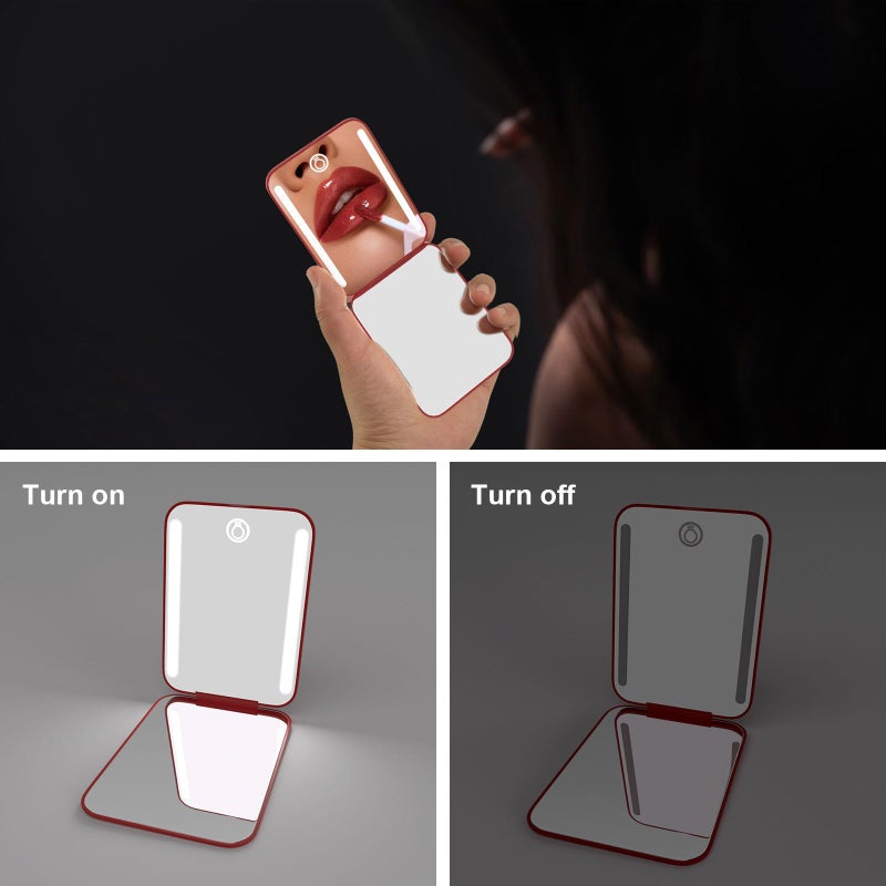 Kintion Kintion Rechargeable Pocket Mirror  Double Sided 1X/3X Magnification Compact Vanity Mirror  3 Color Lights  Dimmable  Small Portable Wallet Mirror  Lighted Travel Mirror for Women Gifts  Wine Red  - Image 4
