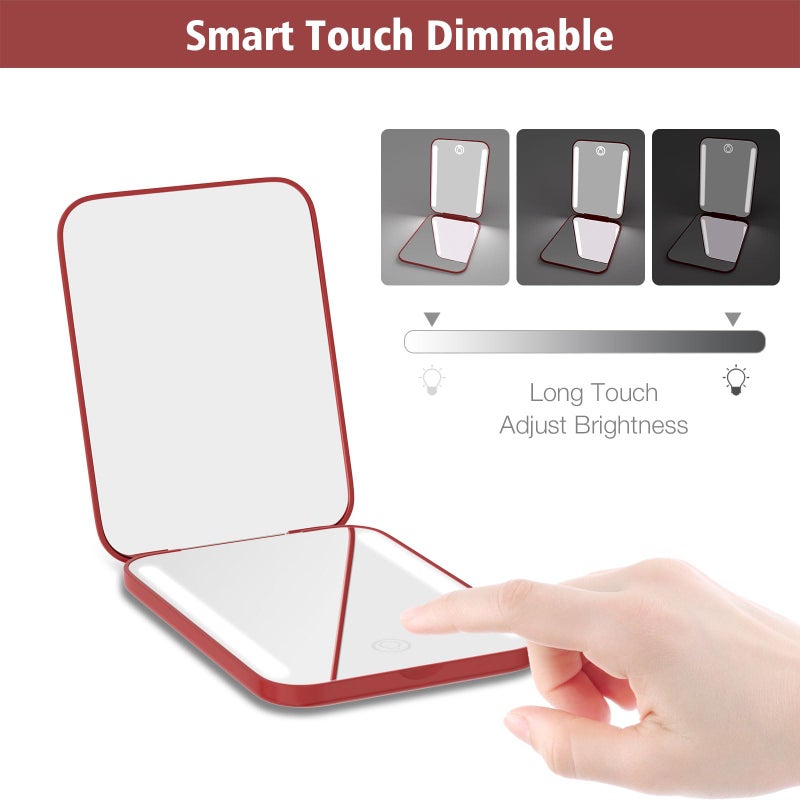 Kintion Kintion Rechargeable Pocket Mirror  Double Sided 1X/3X Magnification Compact Vanity Mirror  3 Color Lights  Dimmable  Small Portable Wallet Mirror  Lighted Travel Mirror for Women Gifts  Wine Red  - Image 5