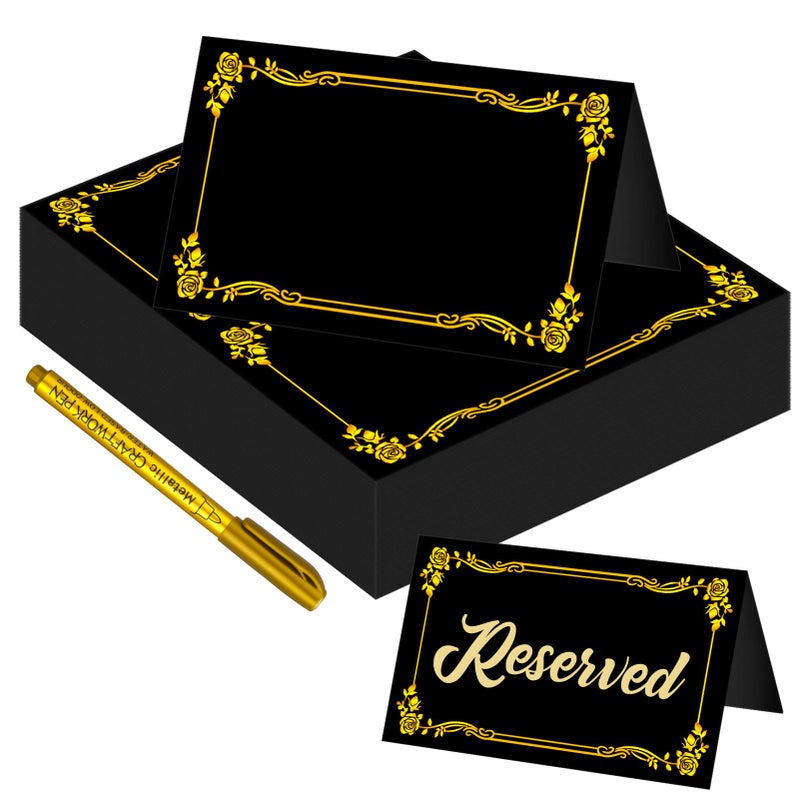 Chenkaiyang 100 Pcs Black Place Cards and Gold Pen for Weddings Name Cards with Gold Foil Border for Table Setting Folded Table Tents Sign for Buffet Banquet Parties Events Celebrations