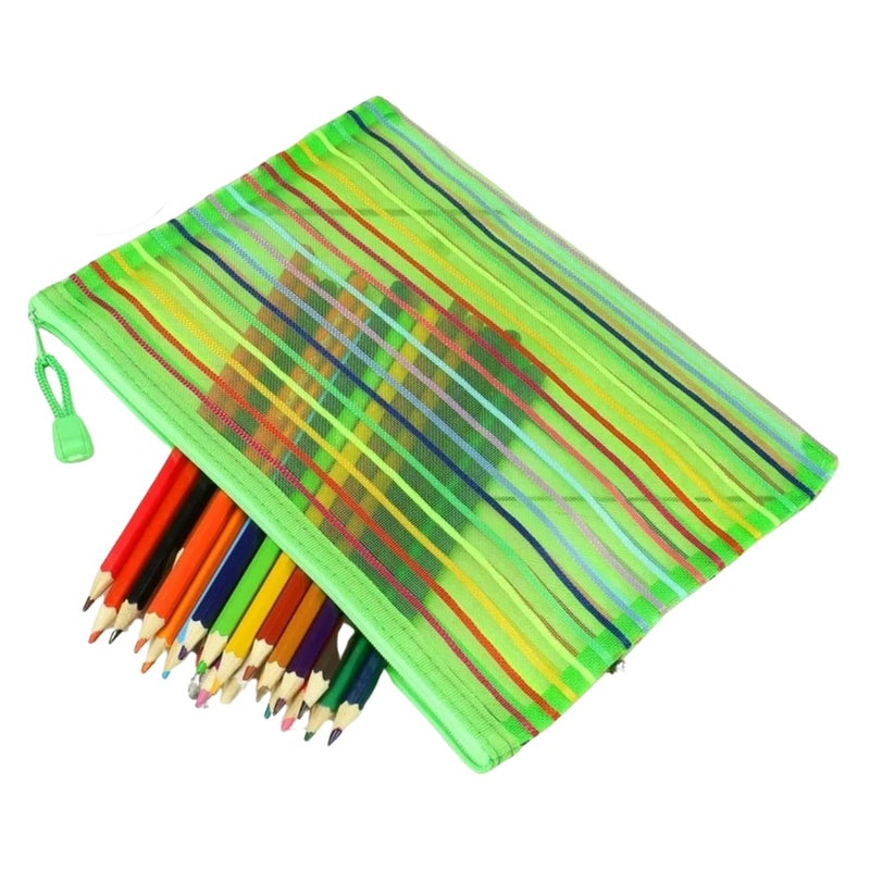MAPKA Mesh Document Pouch, Rainbow Striped Pattern, Double Zipper Pulls, A4 Size, Pack of 2, Assorted Color