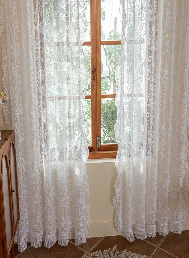 TUDECO White Lace Curtains 84 Inches Long - Vintage Knitted Lace Sheer Curtains for Living Room Victorian Flower Frilly Light Filtering Privacy Frilly Window Treatment 2 Panels, 59 x 84 Inch - Image 4