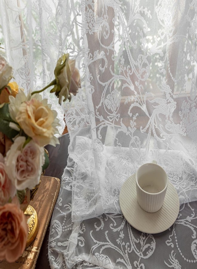 TUDECO White Lace Curtains 84 Inches Long - Vintage Knitted Lace Sheer Curtains for Living Room Victorian Flower Frilly Light Filtering Privacy Frilly Window Treatment 2 Panels, 59 x 84 Inch - Image 5