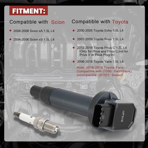 KacuYelin UF316 Ignition Coil Pack and Iridium Spark Plugs Set of 4 Compatible with Toyota Echo 2000-2005,Prius 2001-2009,Prius C 2012-2014,Yaris 2006-2016,For Scion XA XB 2004-2006,Replace# C1304 7090 - Image 2