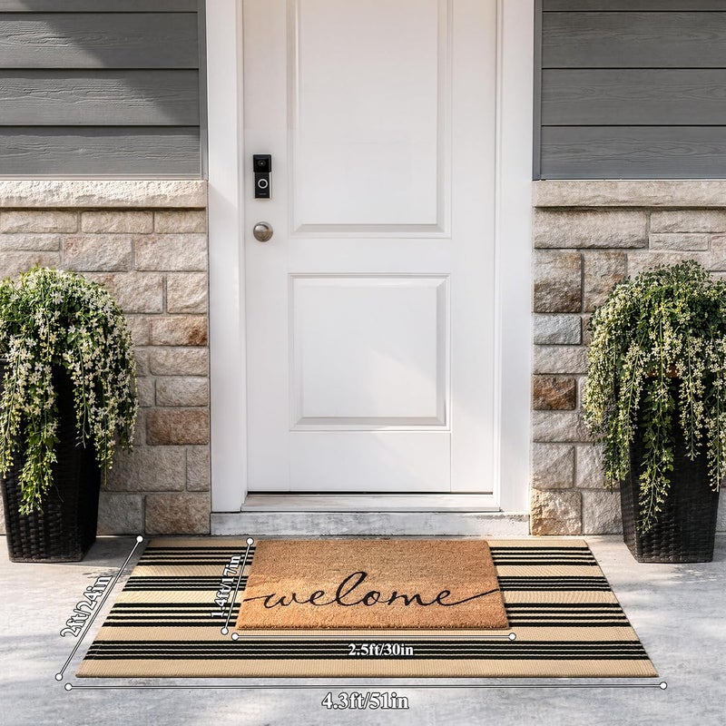 Sungea Striped Outdoor Fall Front Door Mat 24"x51", Cotton Hand Woven Washable Black and Khaki Rug Runner, Reversible Foldable Indoor Layered Front Door Rugs for Entryway/Farmhouse/Home Entrance - Image 2