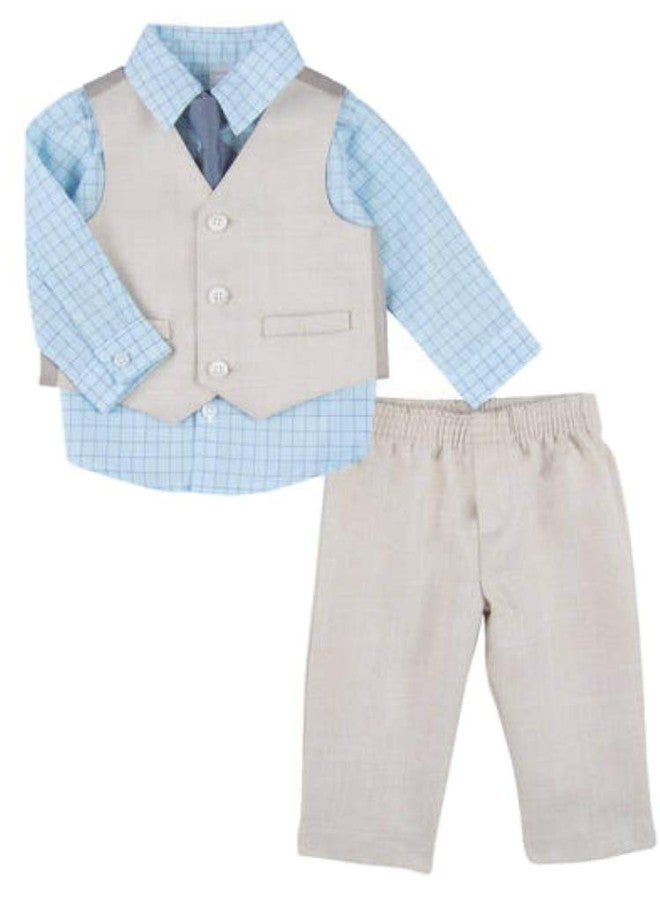 George Infant Boys Suit Blue & Tan Baby Dress Up Outfit Shirt Vest Tie & Pants 12m - Image 1