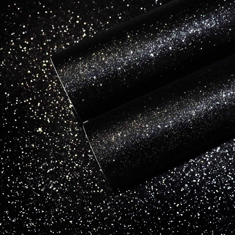 CHIHUT Glitter Black Wallpaper 157x100 Peel and Stick Wallpaper Self Adhesive Removable Black Glitter Wallpaper Stick and Peel for Bedroom Walls Fabric Contact Paper for Cabinets Drawer Dresser