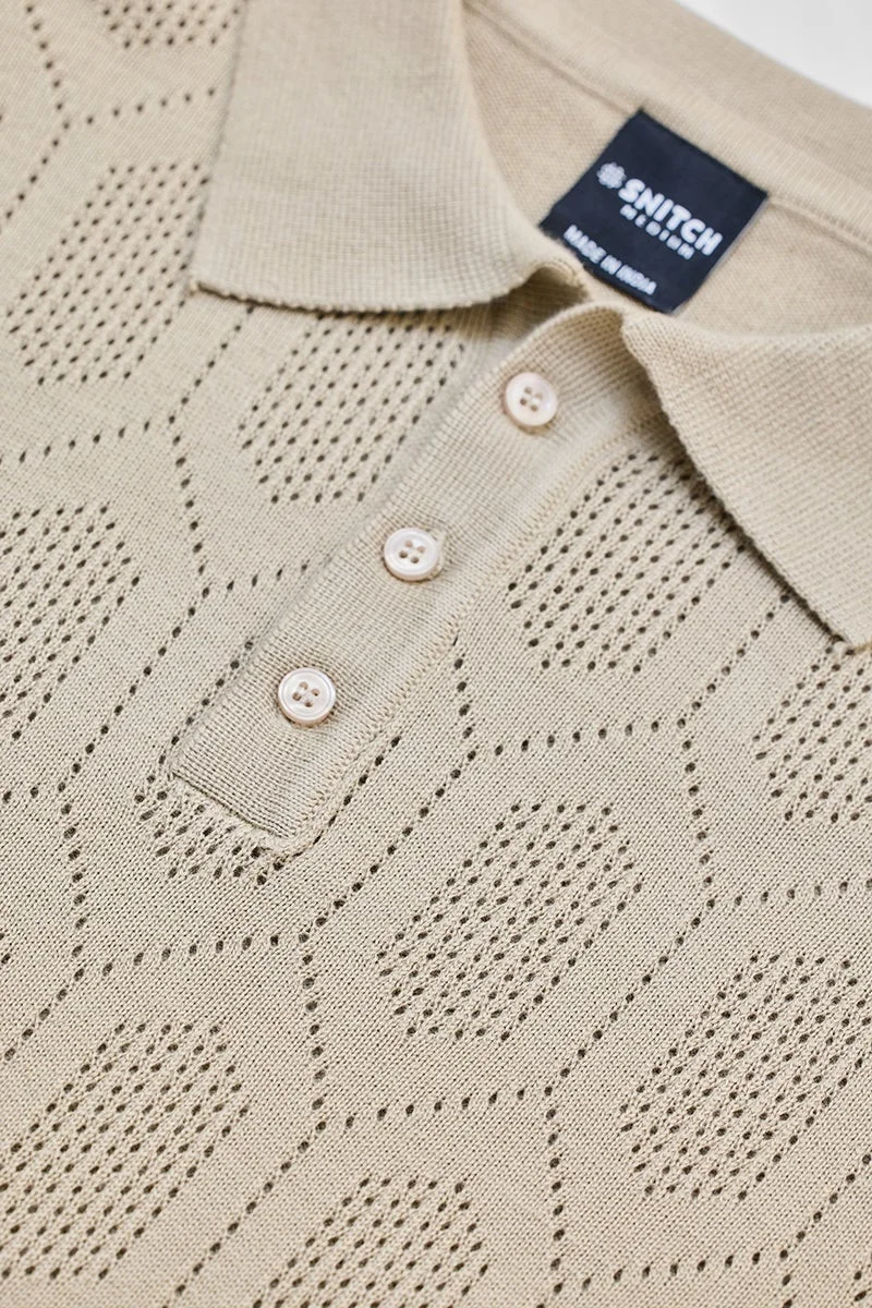 SNITCH Beige Self-Design Polo T-Shirt