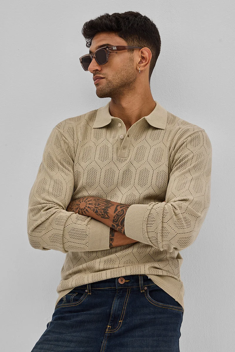 SNITCH Beige Self-Design Polo T-Shirt