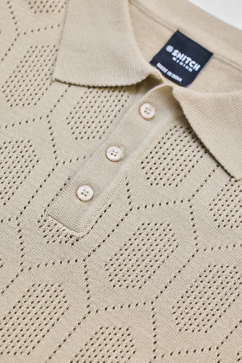 SNITCH Beige Self-Design Polo T-Shirt