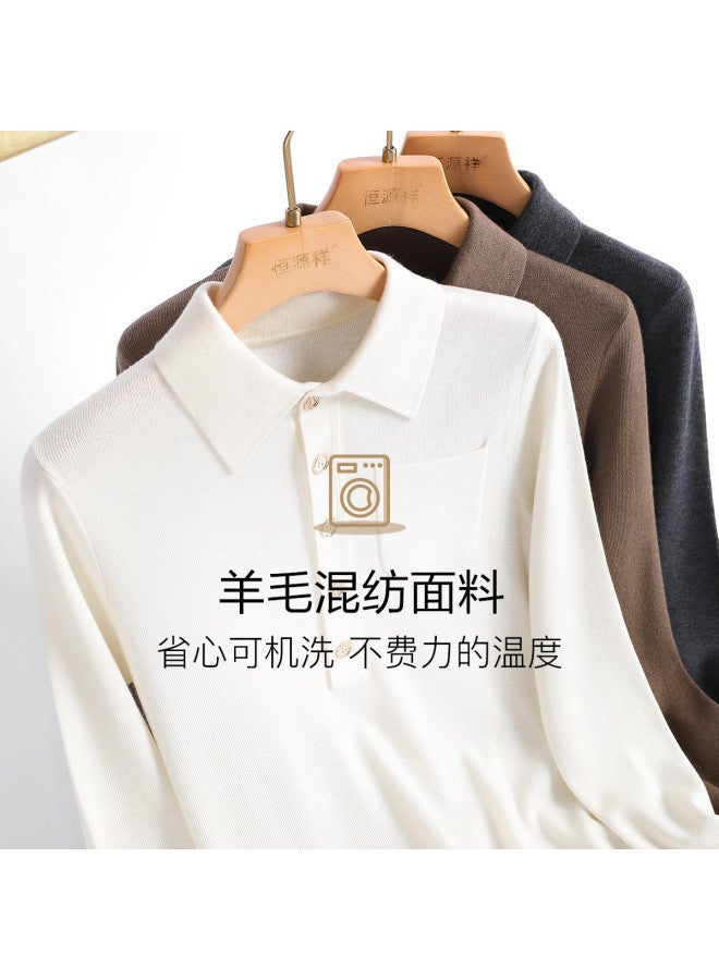 Hengyuanxiang Machine Washablewomen'S Knit Polo Collar Long Sleeve T-Shirt Pocket Sweater - Image 3